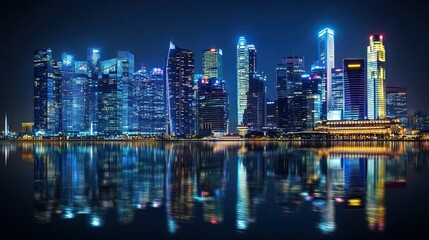 Night cityscape reflection, harbor, city lights, Asia, tourism