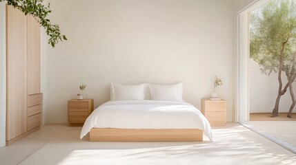 Minimalist bedroom with light wood accents