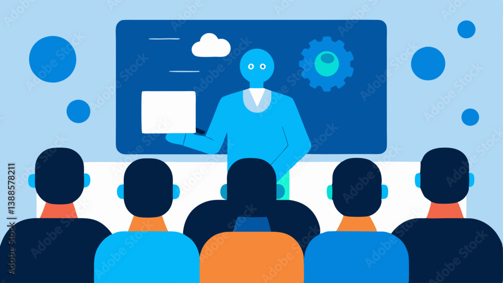 Poster data insights presentation a presenter in front of a projector screen showcasing the benefits of ai 
