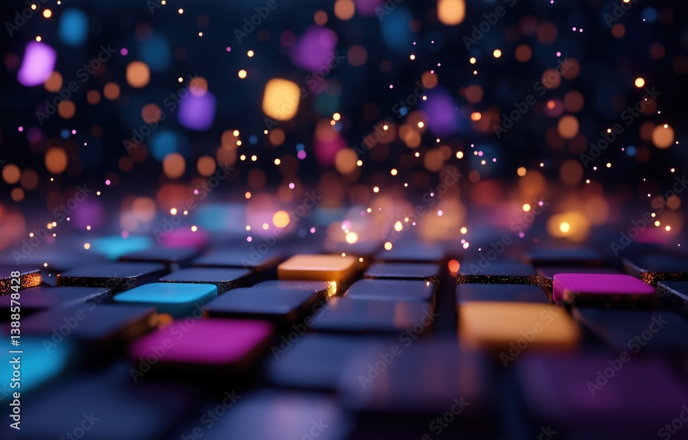 Poster a vibrant, close-up view of colorful keyboard keys sprinkled with shimmering particles, creating a d