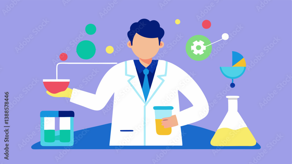 Aufkleber creative experimentation an illustration of a scientist in a lab coat mixing colorful liquids in bea
