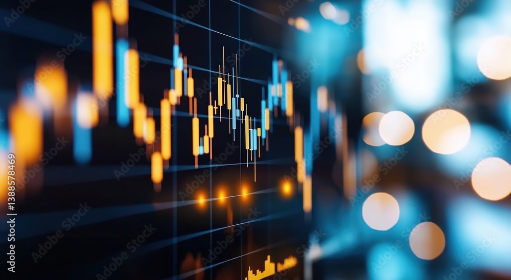 Poster a vibrant financial chart displays candlestick patterns with bright colors, representing market tren
