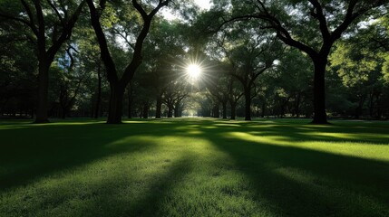 Obraz premium Sunlight streams through a park, illuminating a grassy path lined with tall trees