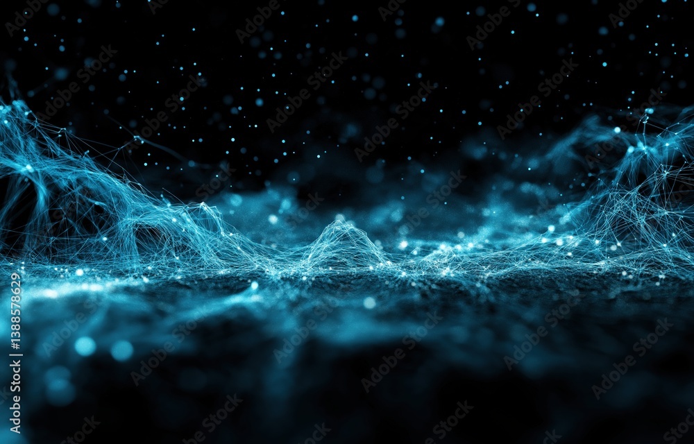 Poster an abstract digital representation of interconnected blue lines and particles, creating a flowing, w