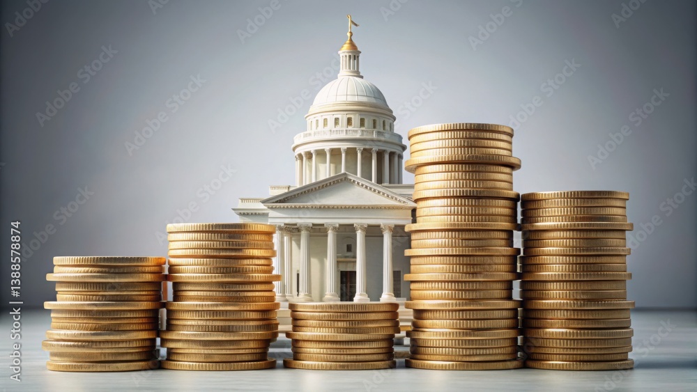 Poster stacks of coins in front of a government building model