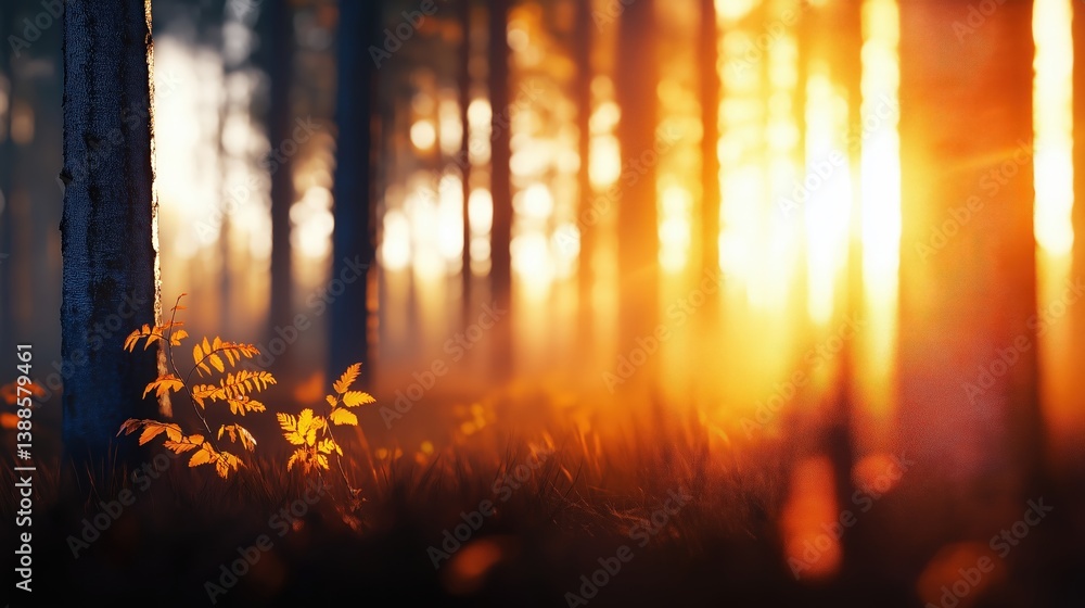 Poster a serene forest scene at sunset, with soft light filtering through trees and illuminating greenery a
