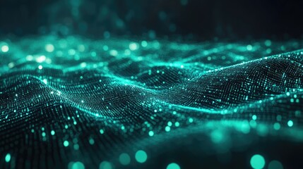 Glowing digital dots creating a flowing network across a dark background