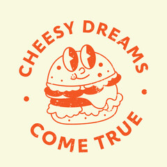 american retro style burger Cute Trendy Cartoon Vector Hand Drawn Template Design