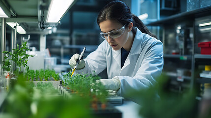 A bioengineer researching genetically modified crops for climate resilience, lab with crop samples, genetic analysis tools