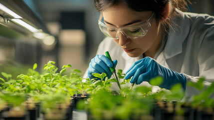 A bioengineer researching synthetic biology for sustainable farming, lab with bioengineering tools, plant cultures
