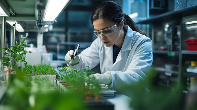 A bioengineer researching genetically modified crops for climate resilience, lab with crop samples, genetic analysis tools