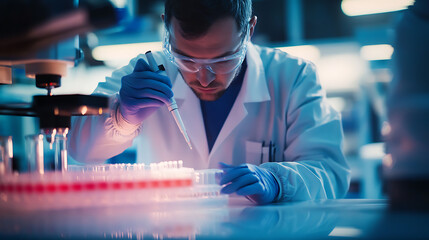 A bioengineer researching tissue regeneration for organ transplantation, lab with stem cell cultures, bioreactors