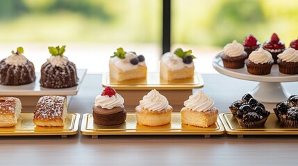 Obraz premium Exquisite Pastry Selection Display Featuring Variety of Desserts on Elegant Golden Plates