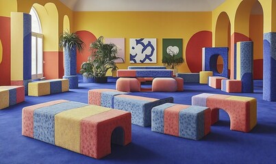 Bright Playroom with Colorful Soft Blocks and Blue Carpet