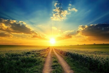 Fototapeta premium A dirt path stretching toward a bright golden sunrise in a field