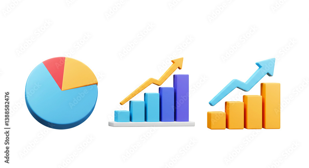 Poster three dimensional charts showing a pie chart and two bar graphs with arrows pointing up png