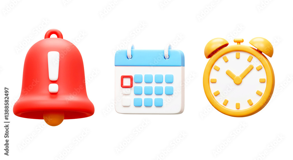 Poster isolated cartoon notification bell calendar and clock on black background in a row format png