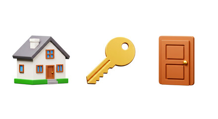 Home essentials: A cozy house, a shiny golden key, and a welcoming brown door. Symbols of shelter, security, and new beginnings