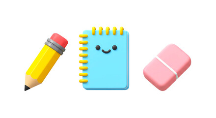 Cute School & Learning Supplies: Smiling Notebook, Pencil & Eraser Icons | Kids' Education & Fun Study Tools