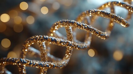 Golden DNA helix structure, bright bokeh light in the background