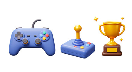 From classic arcade to modern eSports: A 3D icon set showing the gamer's journey to victory with a joystick, gamepad, and championship trophy.