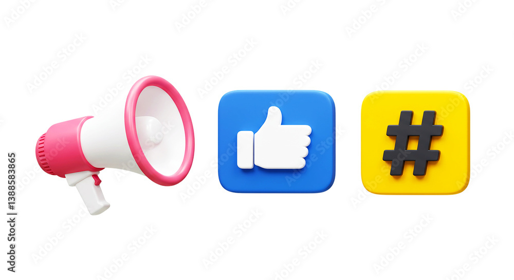 Poster a megaphone like button and hashtag symbol displayed together on a black background in a digital ren