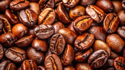 Fototapeta premium Close-up of glossy coffee beans with rich brown hues,, glossy texture, coffee