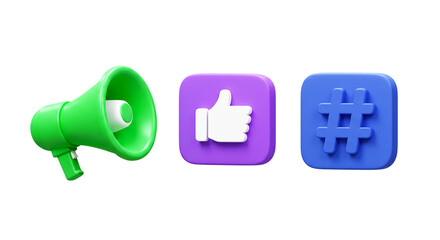 A green megaphone, a purple like button, and a blue hashtag symbol on a black background space theme png