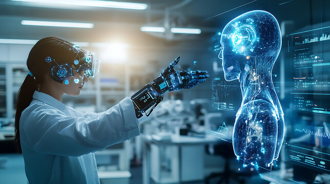 A biomedical engineer creating smart prosthetics with AI integration for adaptive control, lab with prosthetics and neural interface data visible, High-tech style