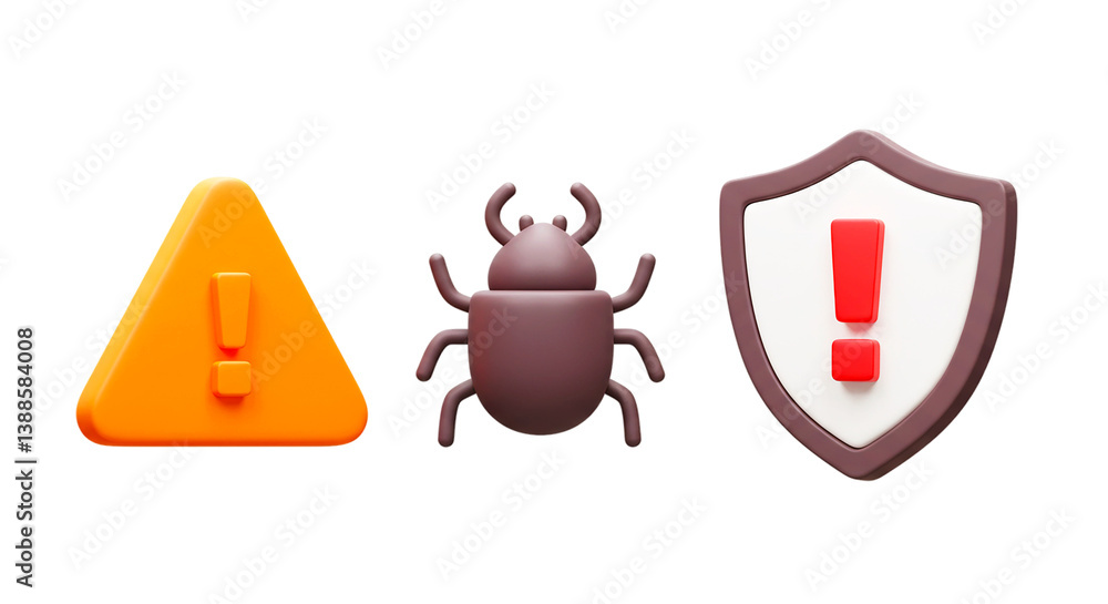 Aufkleber three dimensional rendering of a warning sign a bug and a shield against a black colored background 
