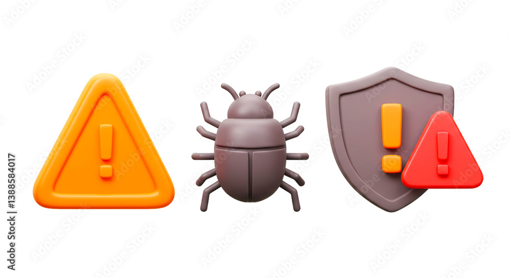 Aufkleber three dimensional rendering of an orange warning sign a bug and a shield on a black background png
