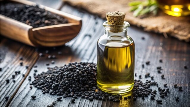 Close-up of black cumin oil bottle on table with selective focus, aromatic oils, natural medicine