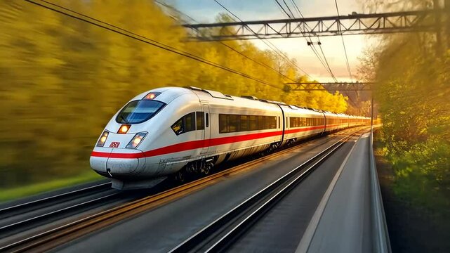 A high-speed passenger train rushing through a forest landscape during sunset hours