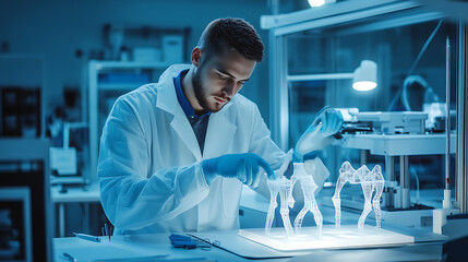 A biomedical engineer designing prosthetic limbs, clean workspace with prosthetic parts and 3D printers in the background, High-tech style
