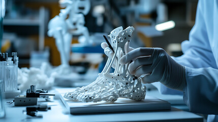 A biomedical engineer designing robotic prosthetics, clean lab with robotic arms and medical testing devices in the background, High-tech style