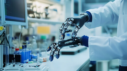 A biomedical engineer designing robotic prosthetics, clean medical lab with prosthetic models and assembly tools visible, High-tech style