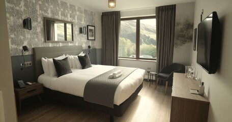 A well decorated and comfortable bedroom with a scenic view