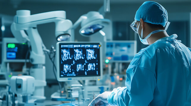 A biomedical engineer designing robotic surgery tools, clean medical lab with robotic arms and surgical equipment visible, High-tech style