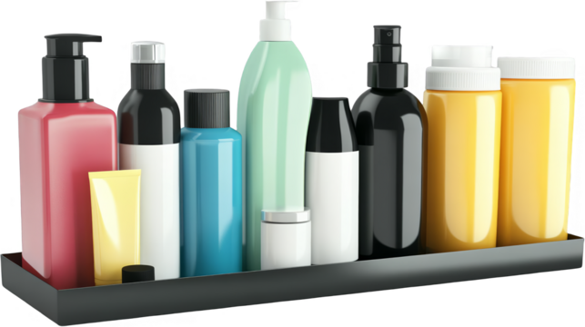 Transparent Background Illustration Of Various Cosmetic Bottles Displayed On Shelf