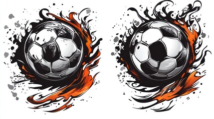 Two flaming soccer balls, grunge style, vector illustration.