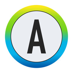 Bold Matte Black Capital Letter A on a Pristine White Circle Encased by a Dynamic Gradient Border of Golden Yellow, Vivid Emerald Green, and Deep Sapphire Blue