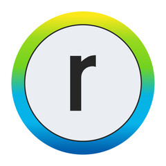 Bold Matte Black Lowercase Letter r on a Pristine White Circle Encased by a Dynamic Gradient Border of Golden Yellow, Vivid Emerald Green, and Deep Sapphire Blue