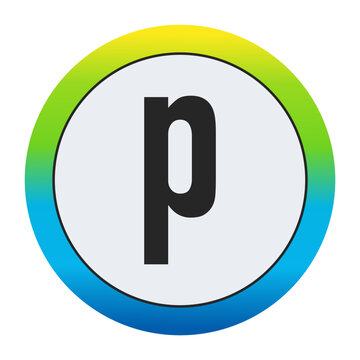 Bold Matte Black Lowercase Letter p on a Pristine White Circle Encased by a Dynamic Gradient Border of Golden Yellow, Vivid Emerald Green, and Deep Sapphire Blue
