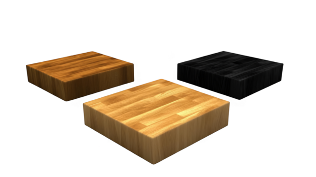Three Wooden Blocks with Varying Color and Texture on Transparent Background