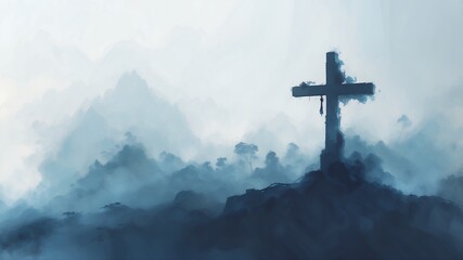 Cross Silhouette on Hill in Foggy Landscape Artwork Illustration