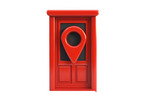 Red Door with Pin Location Symbol Isolated on Transparent Background 3D Illustration