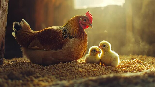 A hen nurturing her adorable chicks in a warm, sunlit environment.