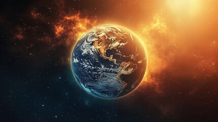 Earth and Sun in Space with Stars and Clouds