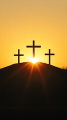 Naklejka premium Sunrise crosses on hilltop