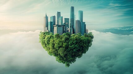 Green city landscape with buildings and clouds in a bustling urban setting